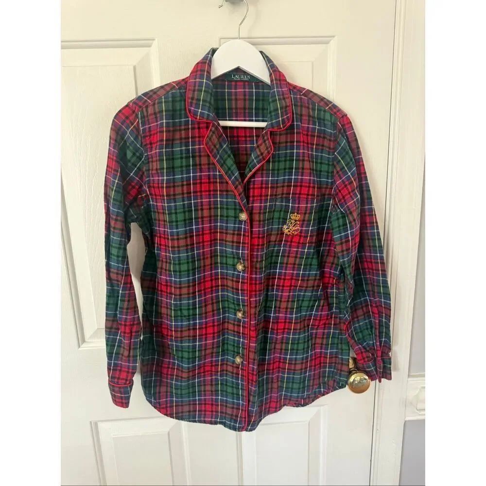 Lauren Ralph Lauren Monogram Christmas Plaid Pajama To sz M EUC